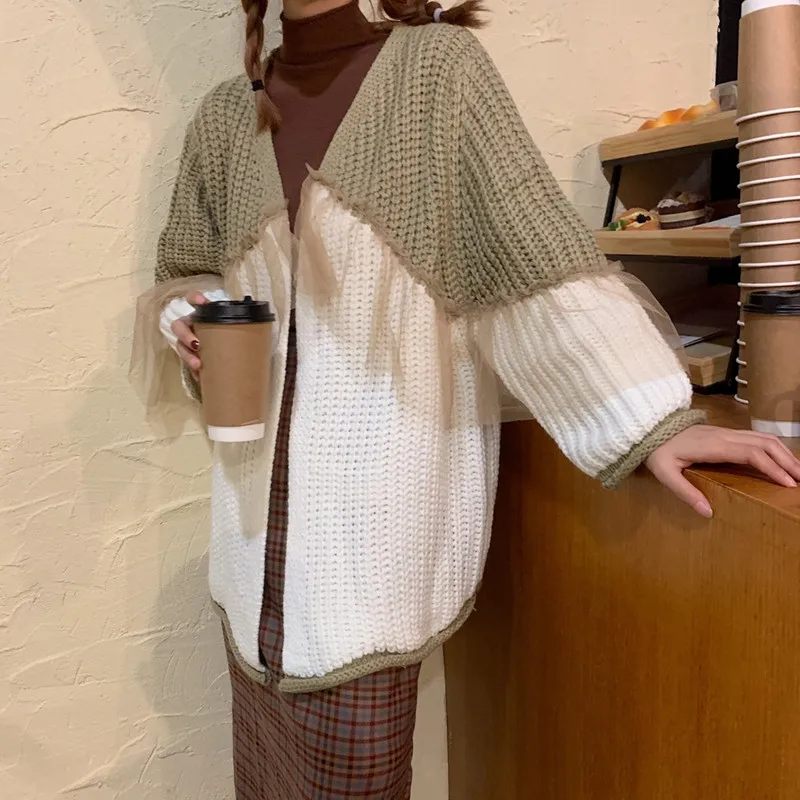 Coffee Sweater women RICININA, женский кардиган,, v-образный вырез, длинный рукав, пэчворк, сетчатые свитера, для девушек, весна, Повседневный, элегантный, зимний, вязаный кардиган - Цвет: Coffee Sweater women