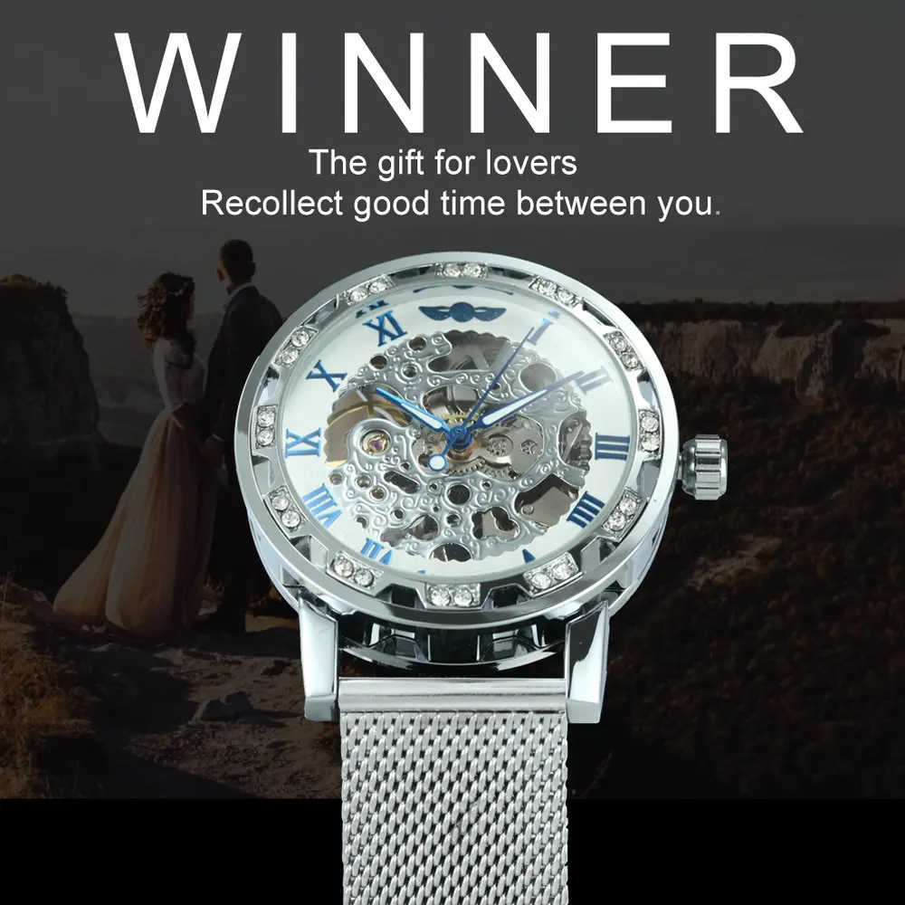 

WINNER Official Fashion Couple Watch Diamond Iced Out Skeleton Mechanical Men Women Watches Mesh Strap Brand Luxury Lover Gift