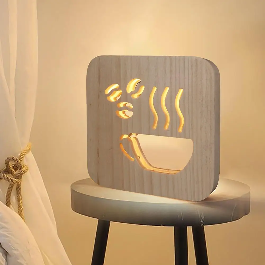 Украшение дома деревянный резной полый светодиодный ночной Светильник форма кофейной чашки светодиодный светильник для гостиной настольный декор светодиодный ночник