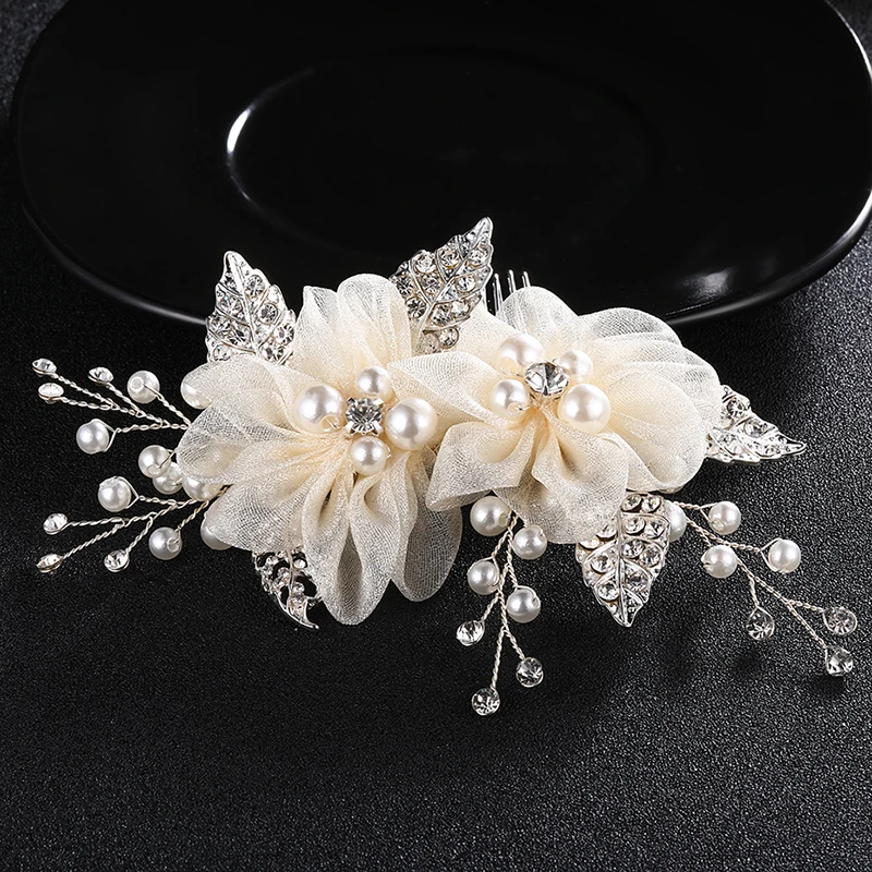 Handmade Chiffon Flower Hair Comb Bride Wedding Hair Accessories Pearl Bridal Headpiece Jewelry for Women Party  Bridesmaid Gift