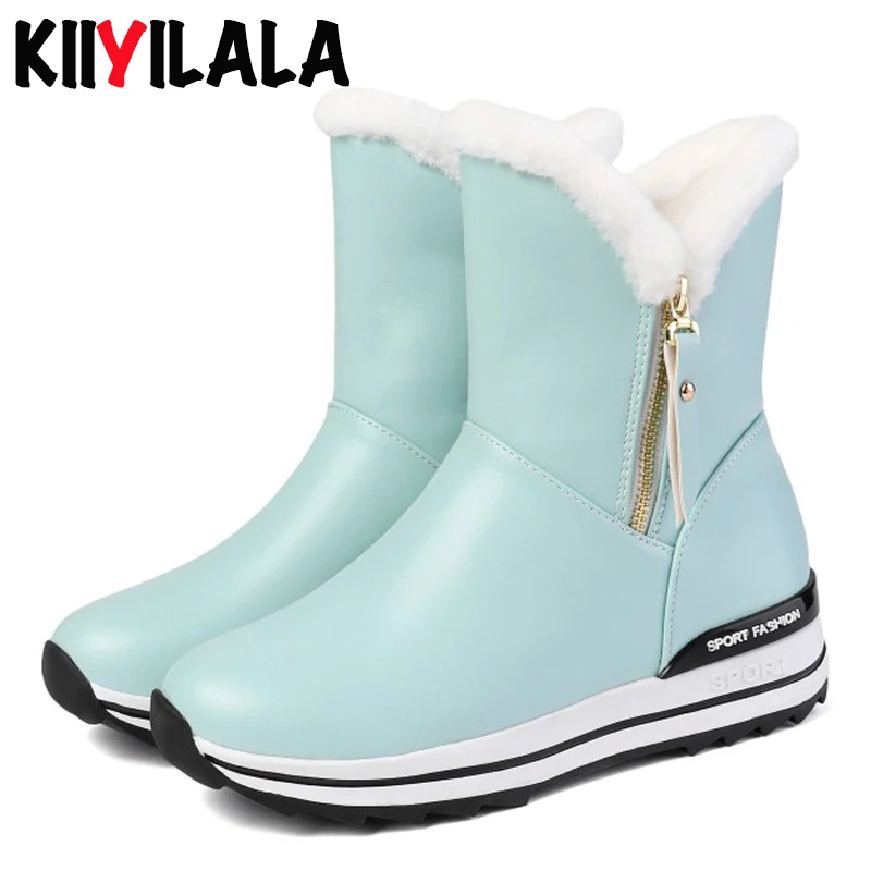 Kiiyilal/зимние ботинки на молнии сбоку Женская водонепроницаемая обувь на платформе женские нескользящие теплые плюшевые женские ботильоны с круглым носком Размеры 33-43 - Цвет: Light blue