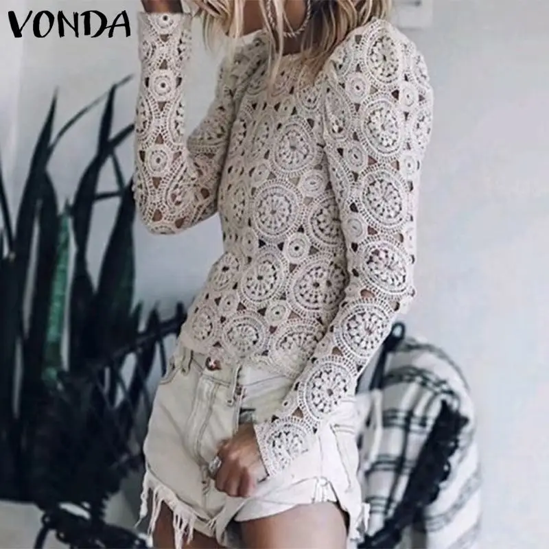 VONDA, женская блузка, сексуальная, длинный рукав, полый, блузка, весна-лето, вечерние Рубашки, Топы, повседневная свободная туника, блузки размера плюс