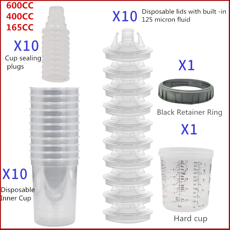 Rtauhife Set Di Tazze Per Miscelazione Vernice 600ml Con Filtri E Tappi Per Pistole A Spruzzo HVLP | Adattatori Per Pistole Auto PRO-33,44,88
