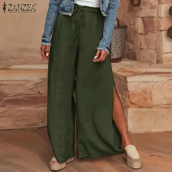 

Kaftan Casual High Waist Long Pantalon Women's Spring Trousers 2020 ZANZEA Wide Leg Pants Female Solid Split Turnip Plus Size