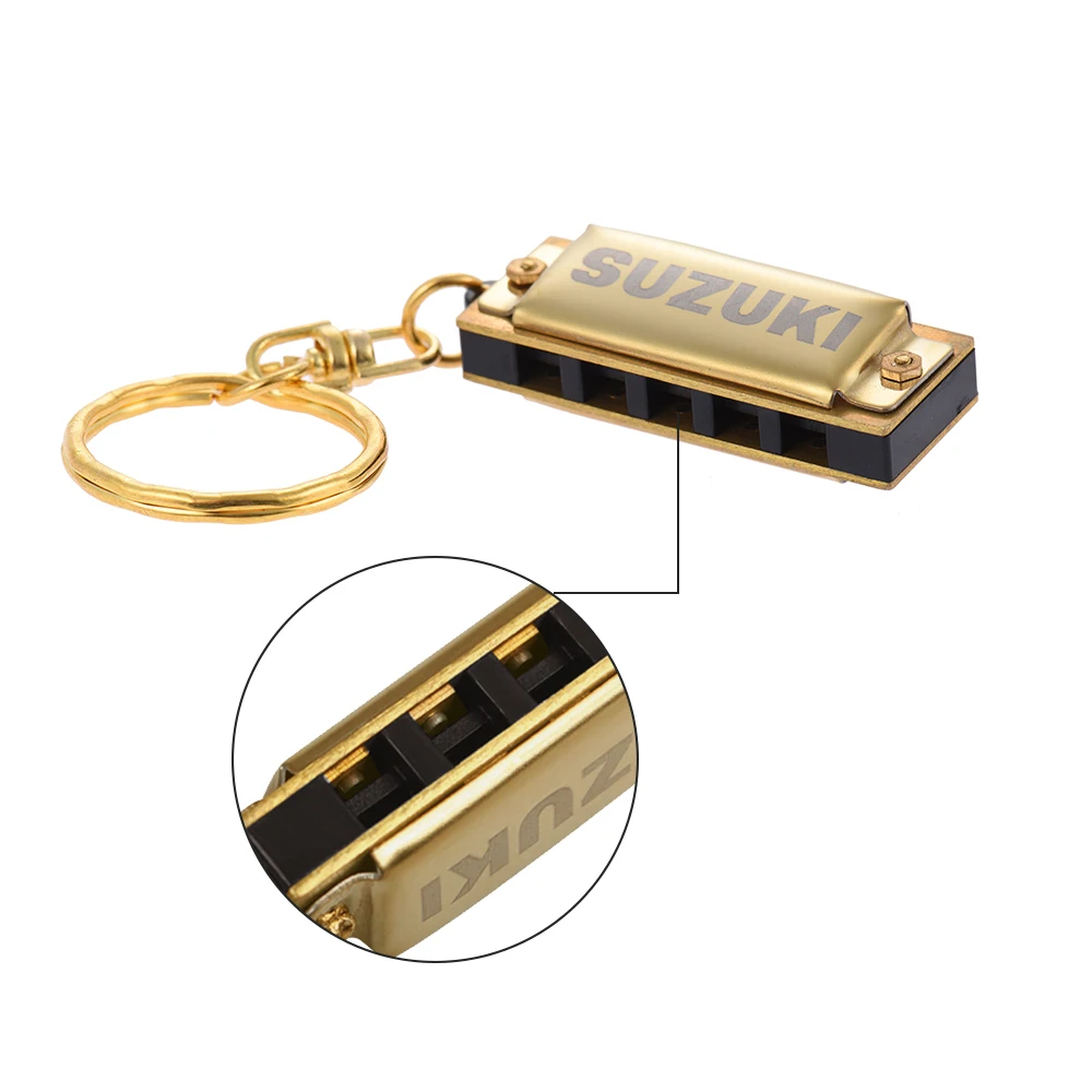 

Suzuki Mini 5 Holes 10 Tone Harmonica Keychain Key of C Golden