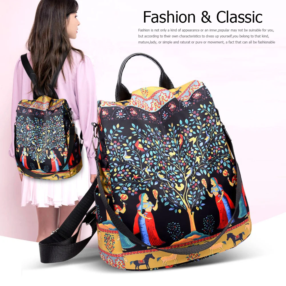 Mochila antirrobo multifuncional informal para mujer, bolso de hombro de viaje de gran capacidad con estampado de elefante y árbol Oxford a la moda