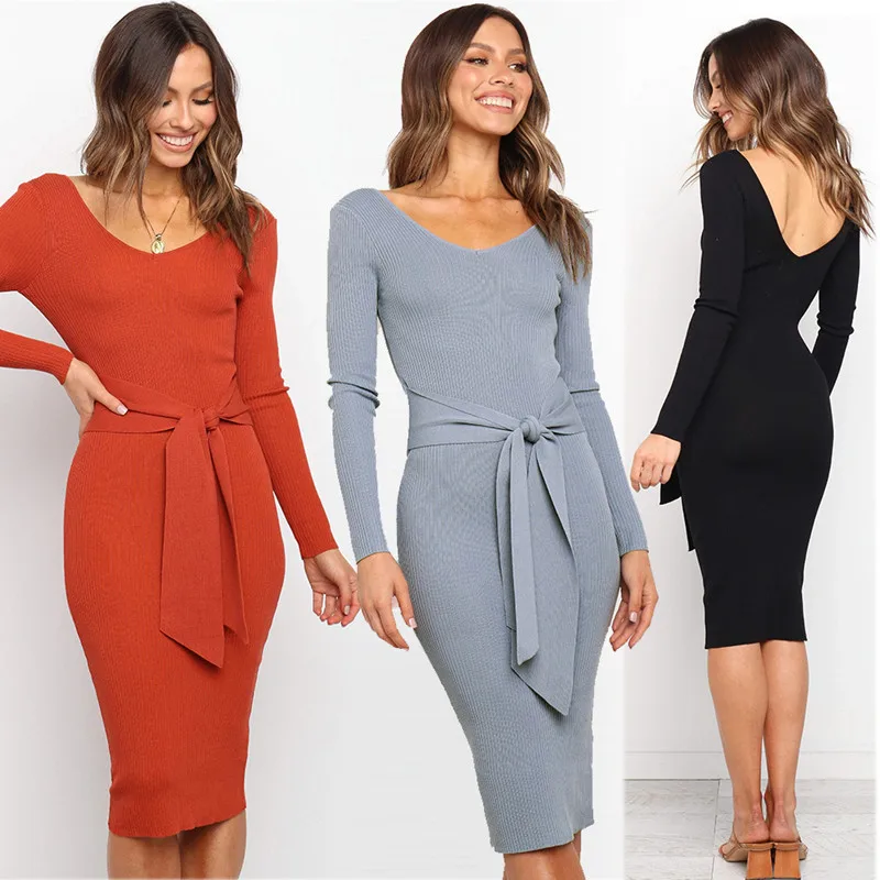 

Women's Sexy Long Sleeve V-neck Knit Dress Autumn 2023 New Tight Waist Bow Belt Around Hips Fashion Office Lady Empire Backless