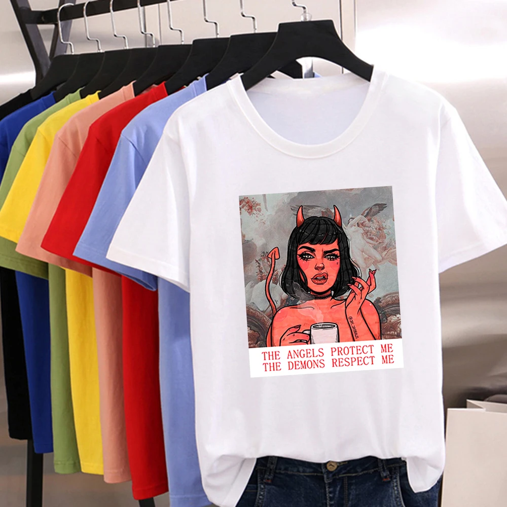 

Streetwear versatile New Women T-shirt Trendy T Shirt THE ANGELS PROTECT ME THE DEMONS RESPECT ME Letter Print T Shirt