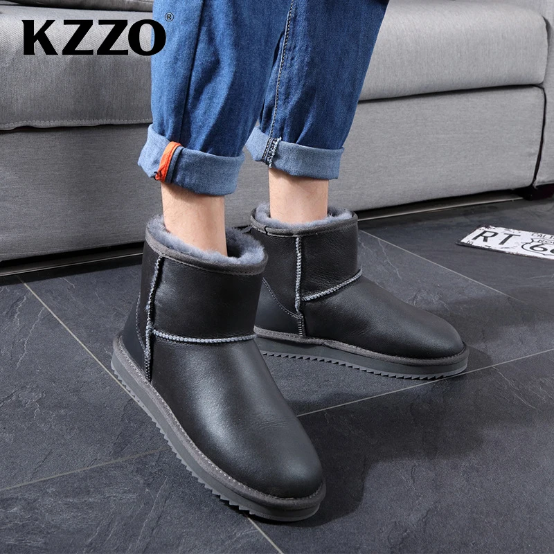 KZZO Australian Classic Waterproof Ankle Men Snow Boots Genuine Leather Natural Wool Lined Winter Warm Non-slip Short Boots