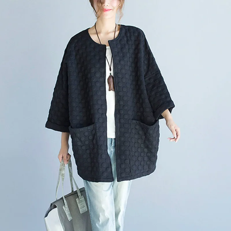 

TVVOVVIN Simple Loose Plus Size Cardigan Coat Pocket Literary Big Size Coat Women 2019 Autumn New Korean Style O Neck Top D308