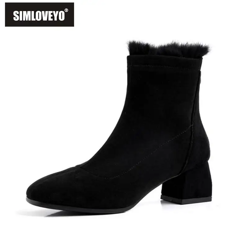 

SIMLOVEYO Women Ankle Boots Faux leather Fur Zippper Fahion Chelsea Boots Flock Square Toe Square Thick Heel Plus Size 31-44