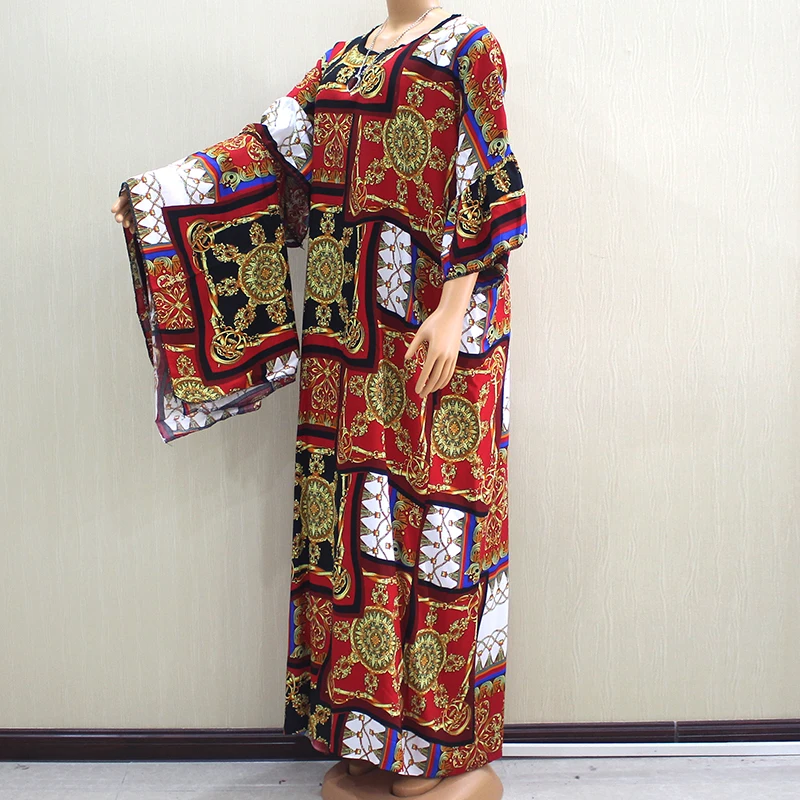 Красный Excellent African Dashiki Dresses For Women Noble Gorgeous Pattern Print Red Cotton O-Neck Dress With Big Scarf - Цвет: Красный
