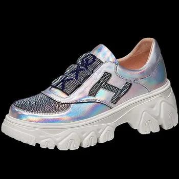 

Womens Genuine Leather Rhinestones Crystal Gold Sliver Glitter Lace up High Platform Chunky Athletics Sneakers Shoes Bling