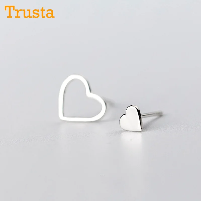 Trusta 925 пробы серебряные женские ювелирные изделия Модные милые миниатюрные Асимметричный полый сердце серьги-гвоздики для дочек девочек DS280