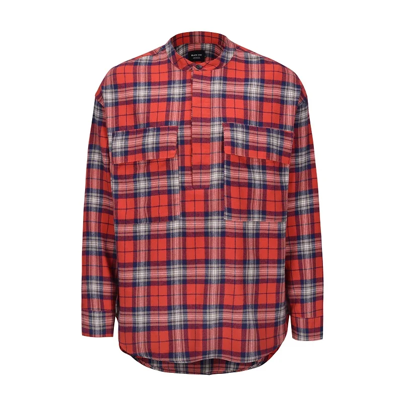 Высокая уличная красная синяя клетчатая рубашка с дугообразным подолом и длинным рукавом, рубашки в уличном стиле, осенние свободные мужские рубашки в стиле хип-хоп, большие размеры