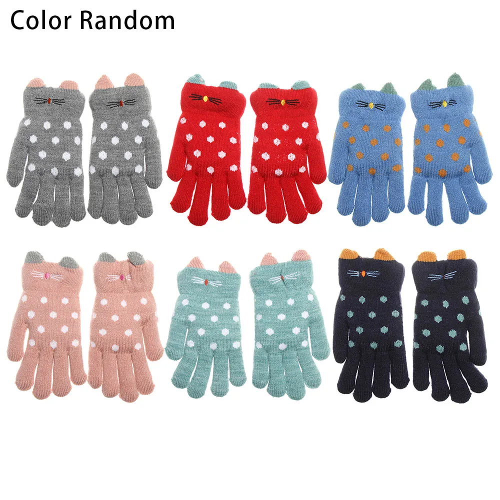Random Color Милые Мультяшные перчатки для детей от 4 до 7 лет зимние теплые вязаные перчатки для мальчиков и девочек детские бархатные толстые перчатки с кошачьими ушками - Цвет: Random Color