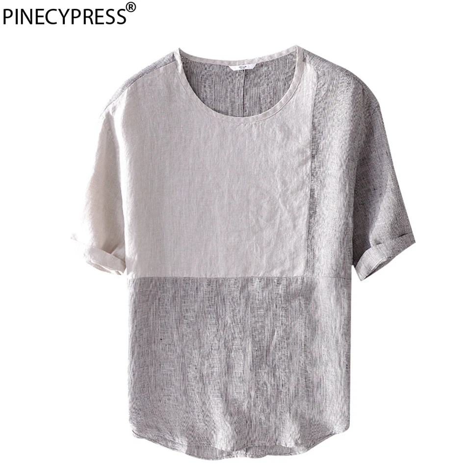 

100% Linen Cool Dry Fast Breathable Anti-static Anti-radiation Man T-shirt Quality Khaki Patchwork Flax Short Sleeve Men T Shirt
