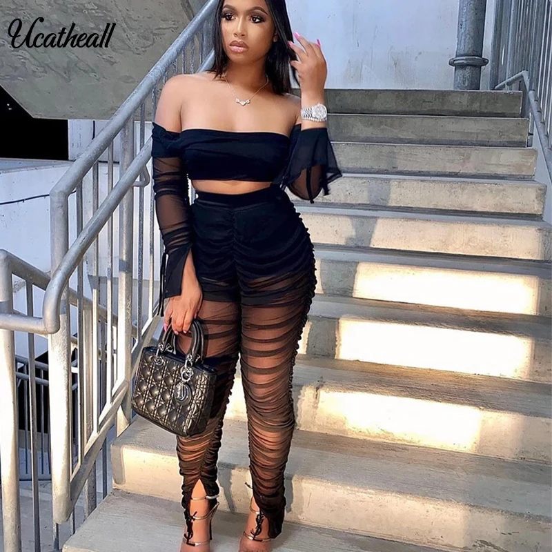 Женский прозрачный комплект из двух предметов сетчатый топ с открытыми плечами и