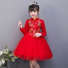 Новогоднее платье для девочек в китайском стиле; Детские платья принцессы с цветочной вышивкой; детское платье Ципао; вечерние платья