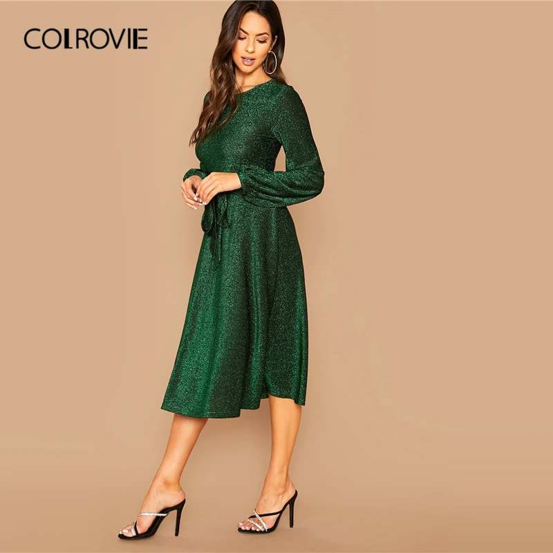 COLROVIE, зеленое, с поясом, рукав-шар, блестящее платье для женщин, высокая талия, однотонное платье миди,, с рукавом Бишоп, гламурные платья