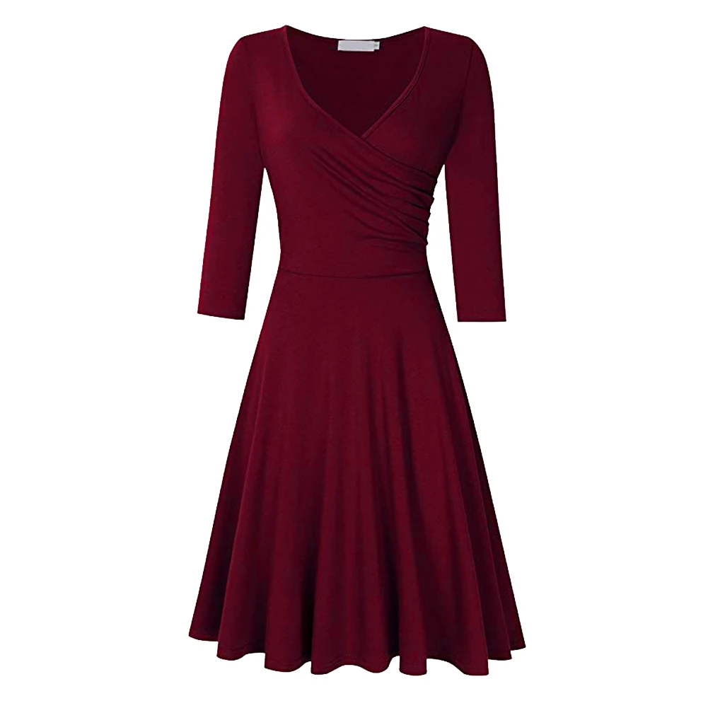 Wine Red Однотонное женское платье для шоппинга, рукав три четверти, А-линия, v-образный вырез, мягкая длина до колена, перекрещивание, для свиданий, для вечеринок - Цвет: Wine Red
