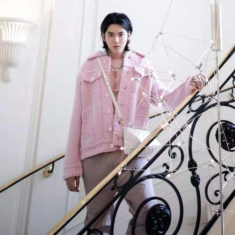 HAMALIEL Runway Designer Women/Men Pink Sweater Coat Fall Winter Single breasted Knitted Lazy Thicken Loose Female Cardigan Coat