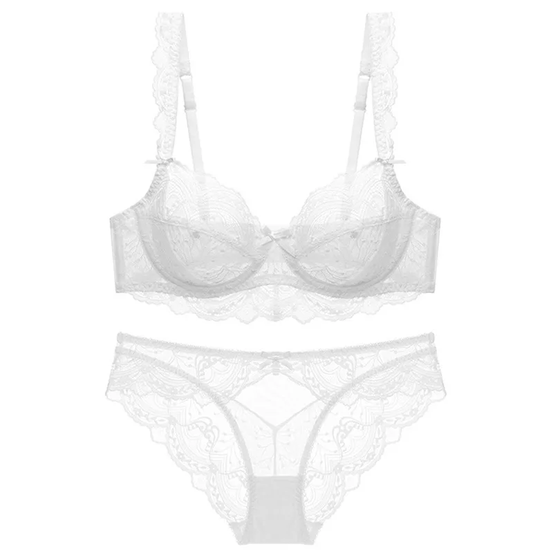 ABCDE Cup Bra Sets Ultra-Thin Transparent Flower Push Up Underwear Suit Plus Size Lingerie