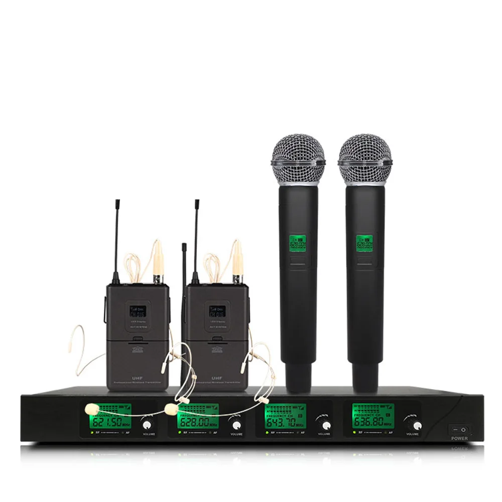 

UHF wireless microphone system, 2 head-mounted 2 handheld microphones, suitable for stage church school lecture stage