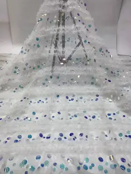 

Free shipping (5yards/pc) High quality African sequins French net lace fabric with tassels 2019 newest for fashion dress