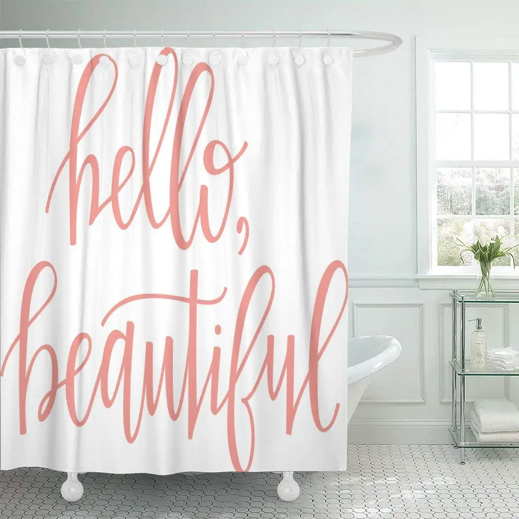 

Gorgeous Hello Beautiful Hand Gal Girl Good Greeting Bathroom Decor Shower Curtain Sets with Hooks Polyester Fabric Great Gift