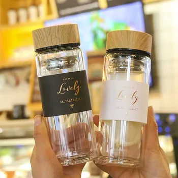 

Business Crystal Glass Water Bottle With Filter Lead Free Wooden Lid Double Wall Heat Resistant Great Sealed Students Portable