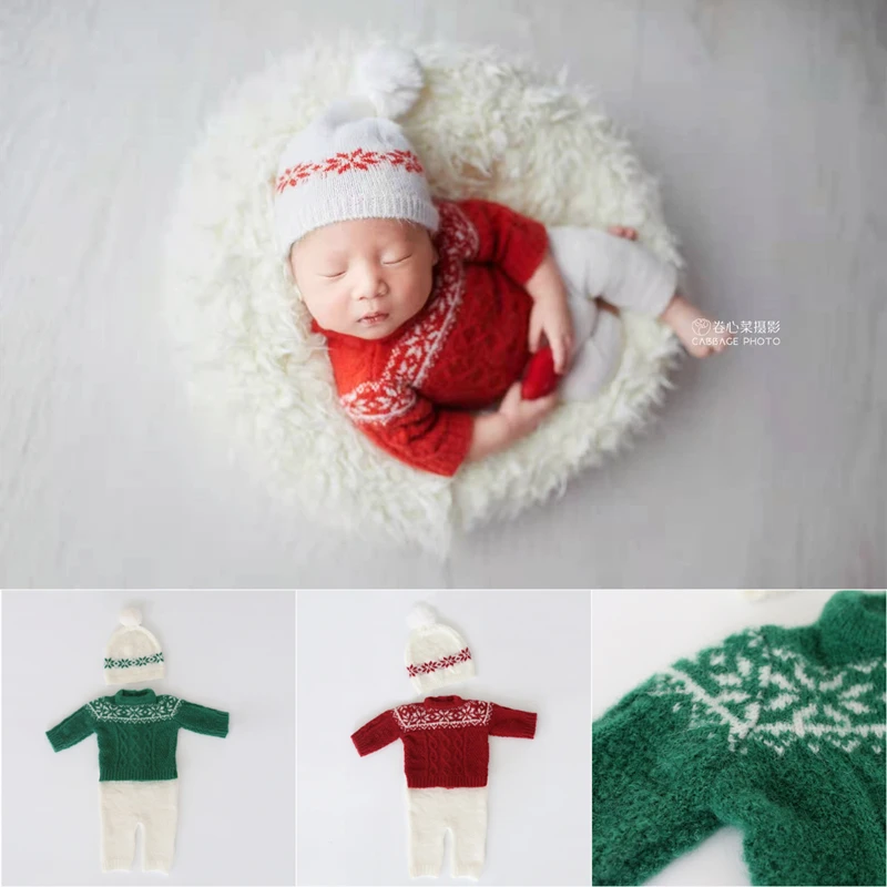 Dvotinst Newborn Baby Boys Girls Photography Props Crochet Knit Christmas Outfits Hat Sweater Pants 3pcs Fotografia Photo Prop