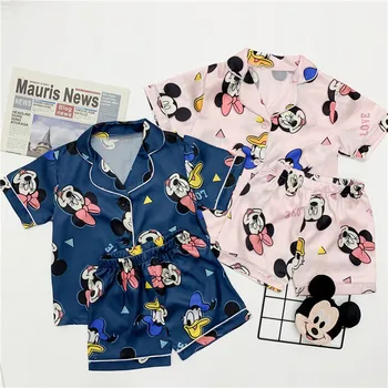 

New Kids Baby Boys Clothes Set Mickey Minnie Summer Ice Silk T-shirt+Short Pants 2PCS Pajamas sets Children Clothing Girls Suit