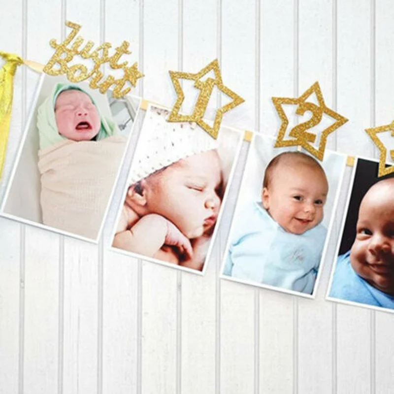 

Baby Birthday Party Glitter Star Monthly Photo Banner 1-12 Months Garland Golden Stars Clips
