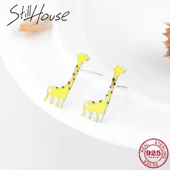 

Yellow Enamel Earrings Happy Animal Giraffe Ear studs 925 Sterling Silver for Women fashion trend Silver Jewelry 2018