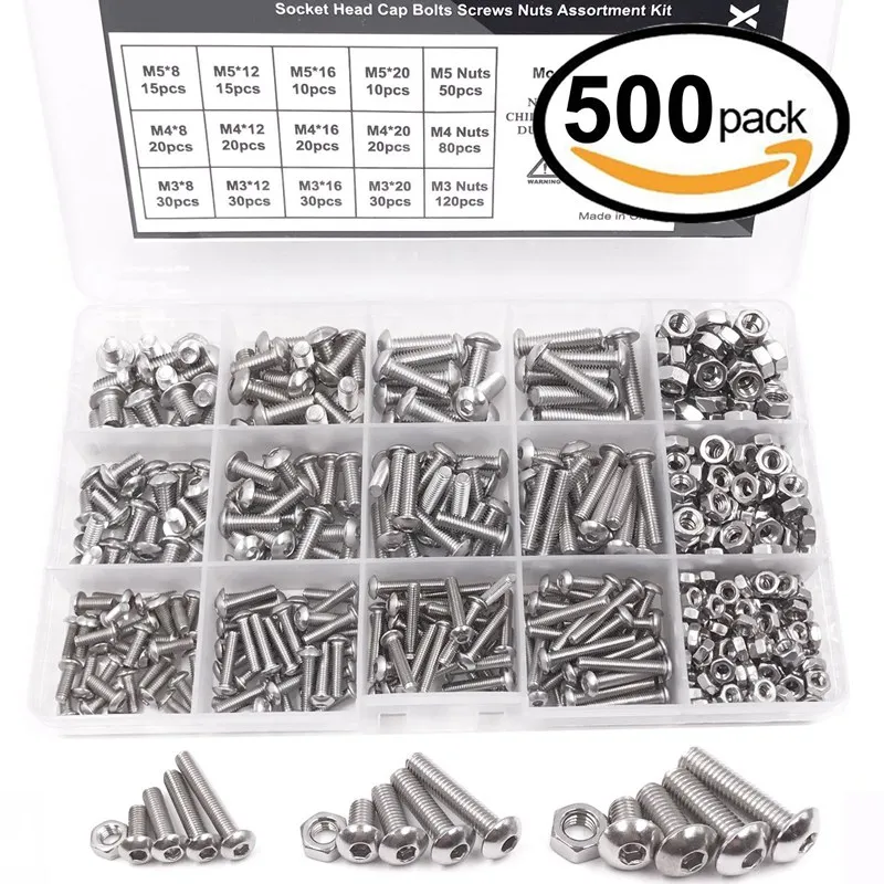 HOT-500pcs M3 M4 M5 A2 из нержавеющей стали ISO7380 шестигранные болты с шестигранной головкой Винты с гайками ассортимент