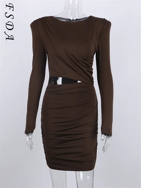 Hollow Out Bodycon Dress Mini Women Brown Autumn Winter Sexy O Neck Long Sleeve Elegant Party Dresses Black Club 6