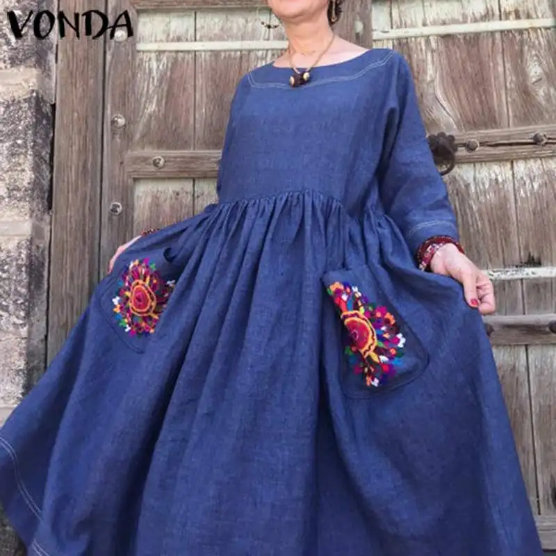 VONDA, Повседневное платье с круглым вырезом, женские летние вечерние платья с рукавом 3/4, одноцветные платья размера плюс, богемный сарафан, женские пляжные платья