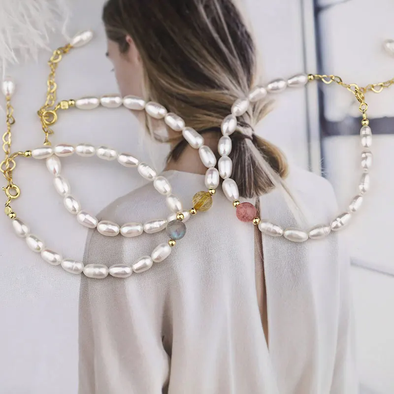 Leouerry Natural Freshwater Pearl Bracelet S925 Sterling Silver Simple Moonstone Strawberry Quartz Crystal Beads Bracelets | Украшения и