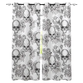 

White Skull And Rose Pattern Window Curtains Living Room Kitchen Curtains for Bedroom Left and Right Biparting Open Curtains