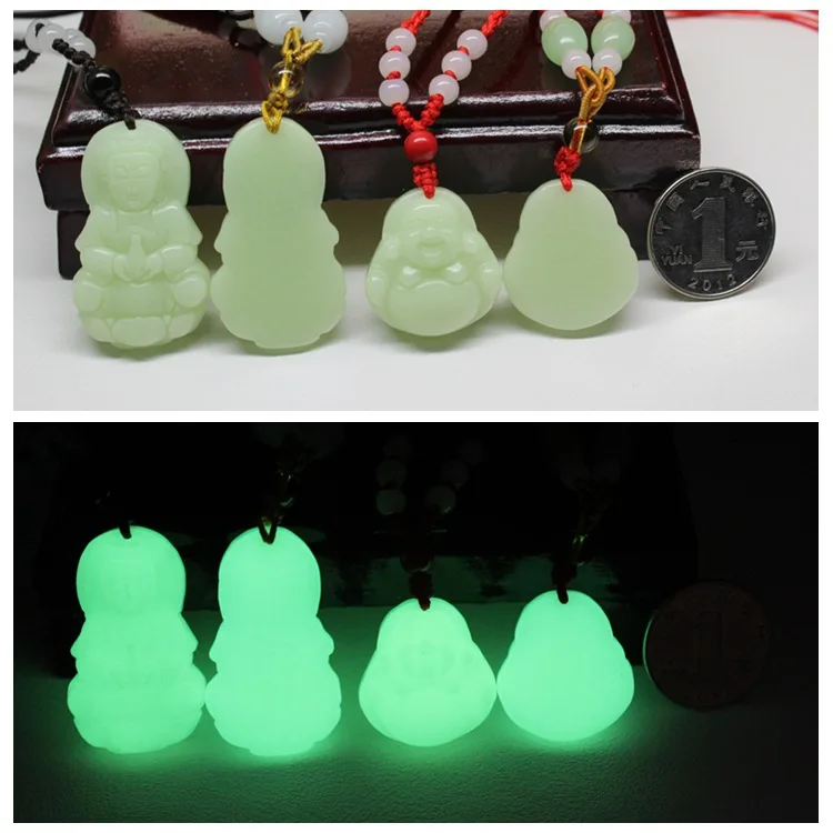 

Ying guang shi Luminous Stone Guanyin Buddha Rare Luminous Pearl Pendant Shining Rough Stone Pendant Glistening Green