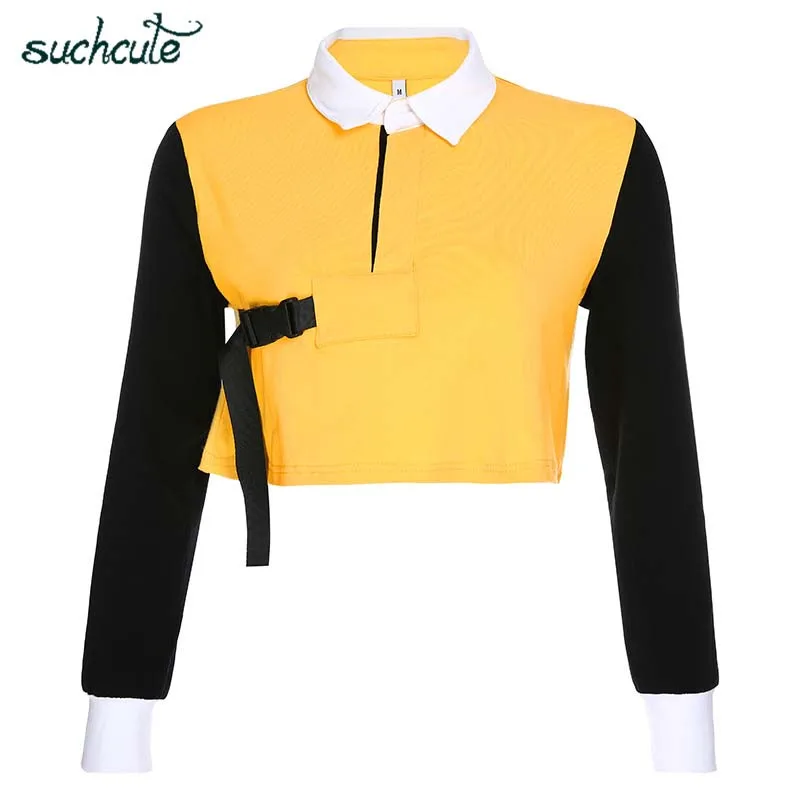 yellow tee SUCHCUTE Longslive женские поло Modis футболка для женщин Лоскутная Harajuku Кнопка Готический повседневные топы в Корейском стиле фестиваль - Цвет: yellow tee