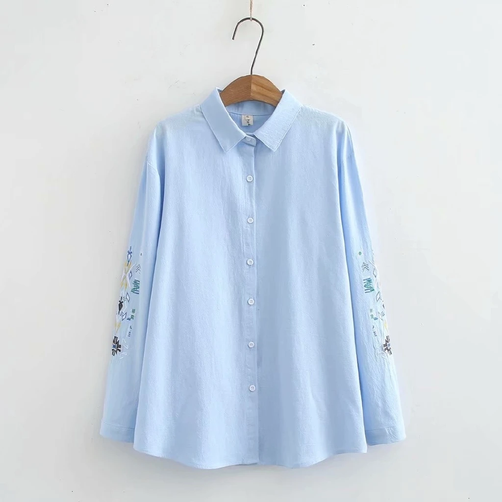 Блузка размера плюс vrouwen Lange Mouw Witte Borduren Katoen Blusas Officewear Shirts met Knoppen |
