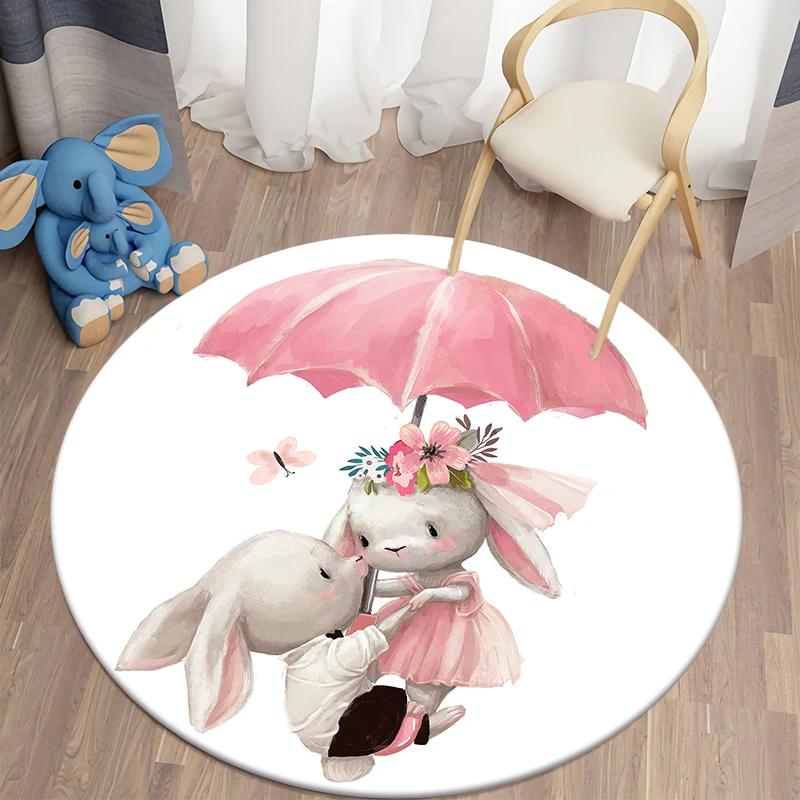 Decorative Carpet Cartoon Bunny Printed Area Rugs Round Carpet for Living Room Floor Mat Flannel Anti-Slip Mat for Children