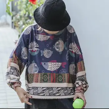 

new fall Vintage Print pullover tops o-neck sweater long sleeve loose pullover for women