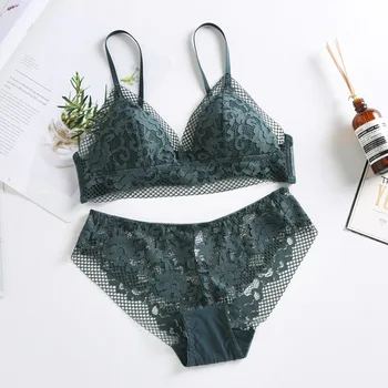

lace bra and panty sets Wireless Push Up Soft Seamless Bra Sets Deep V Thin Hollow Out Green Women Lingerie