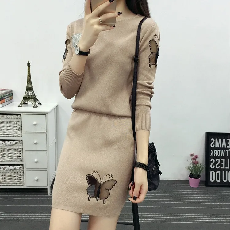 

Mooirue Autumn Vintage Kintting Sweater 2 Piece Set Women Butterfly Patchwork Casual Pullovers Slim Mini Skirt Outfits For Women