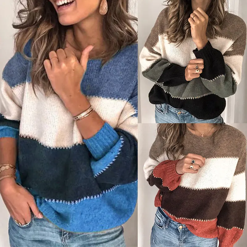 

Winter Warm Sweater Crew Neck Long Sleeve Pullove Tops Women Simple Fashion Comfortable Color Matching Striped Sweater