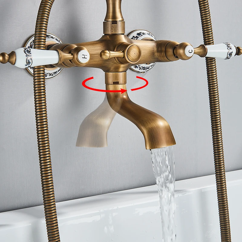 Rozin Retro Style Brass Bathtub Shower Faucet Set Dual Knobs Wall Mounted Bathtub Mixer with Handshower and Swivel Tub Spout Tap 5