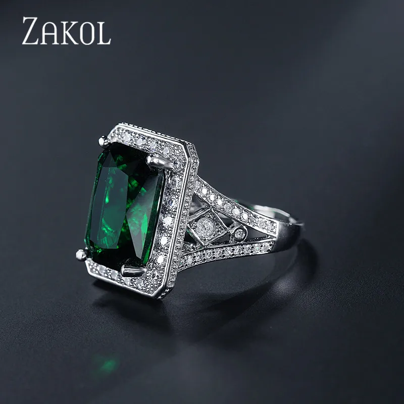 ZAKOL роскошные женские обручальные кольца с большим зеленым квадратным цирконием и кристаллами Bague Bijoux Femme аксессуары, обручальные кольца FSRP2029
